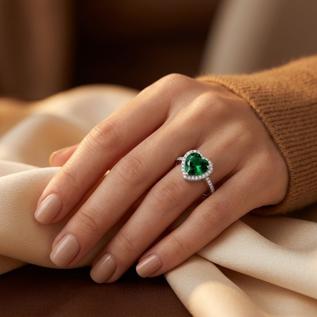 Silver Emerald Heart Halo Ring - Photo 2