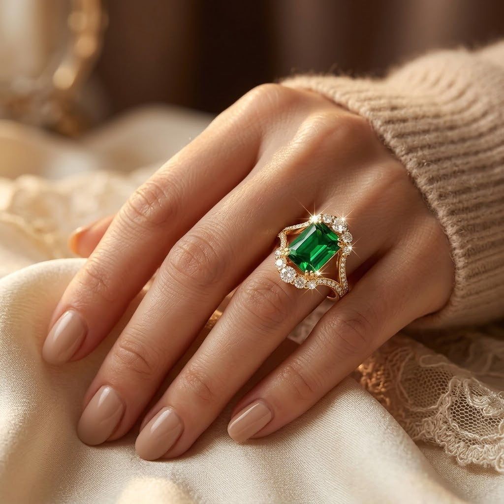 Gold Emerald Halo Ring - Photo 2