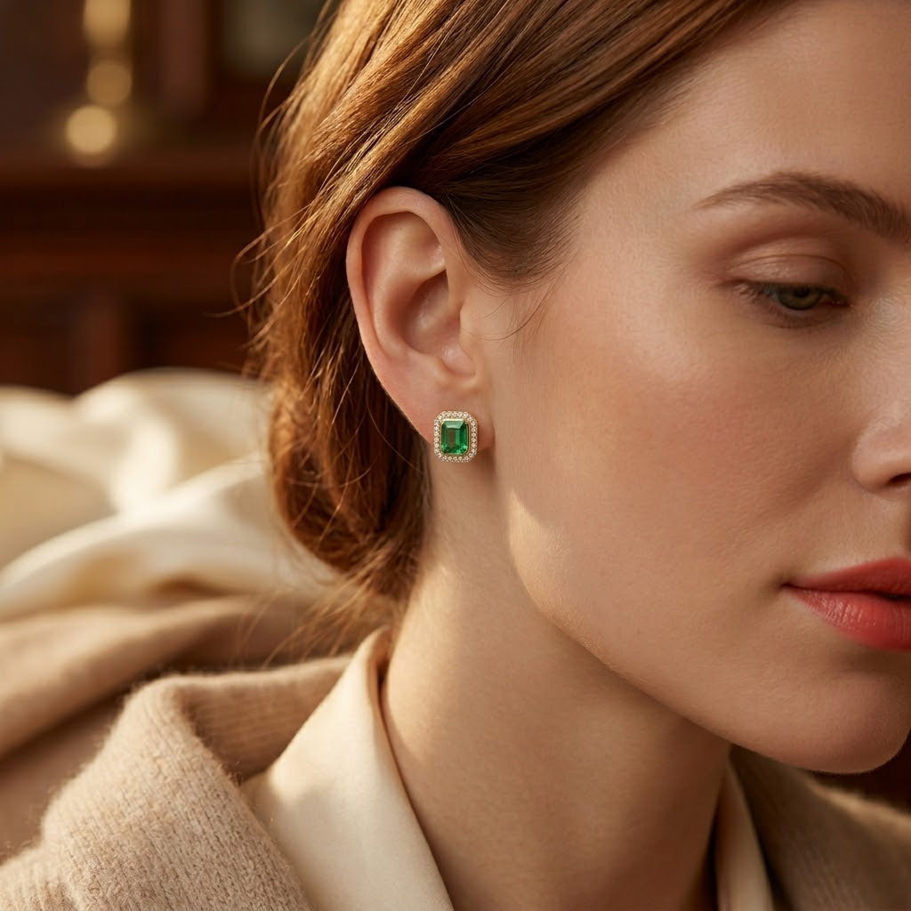 Gold Emerald Square Halo Stud Earrings - Photo 2