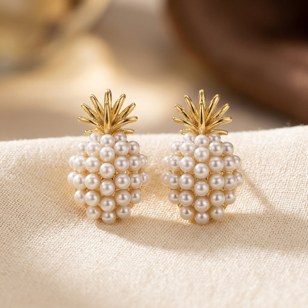 Gold Cluster Pearl Stud Earrings - Photo 1
