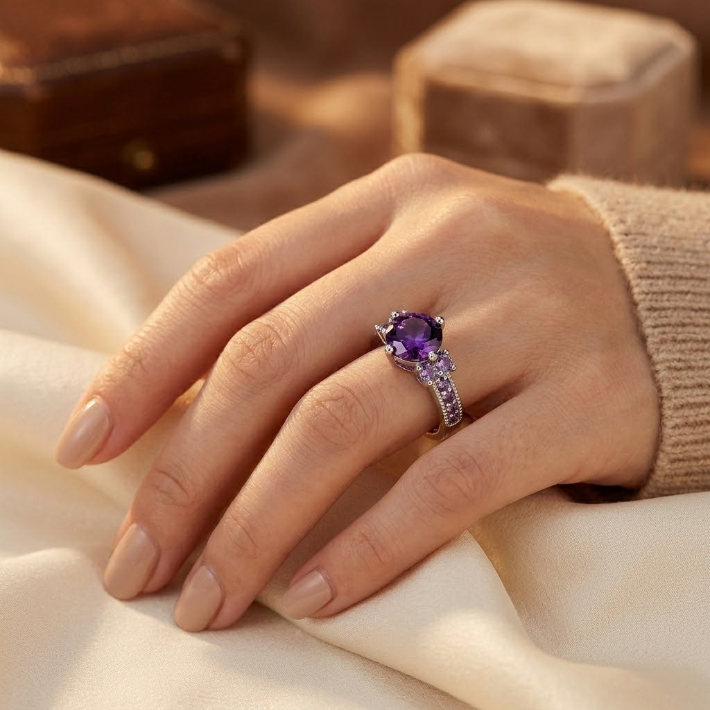 Silver Amethyst Side-Stone Ring - Photo 2