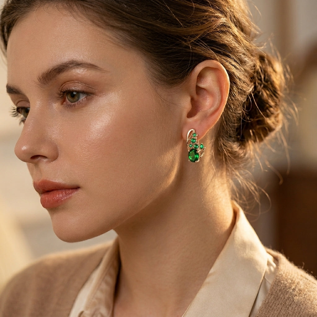 Gold Emerald Cluster Drop Earrings - Photo 2