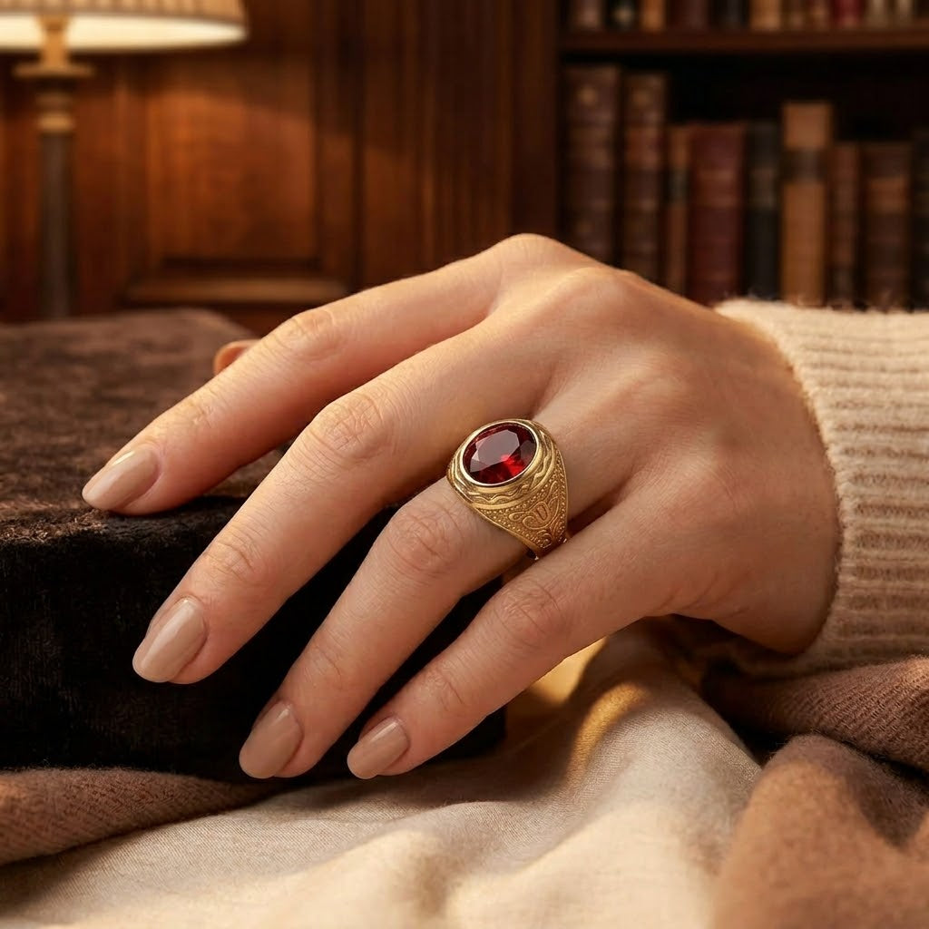 Gold Ruby Engraved Ring - Photo 2
