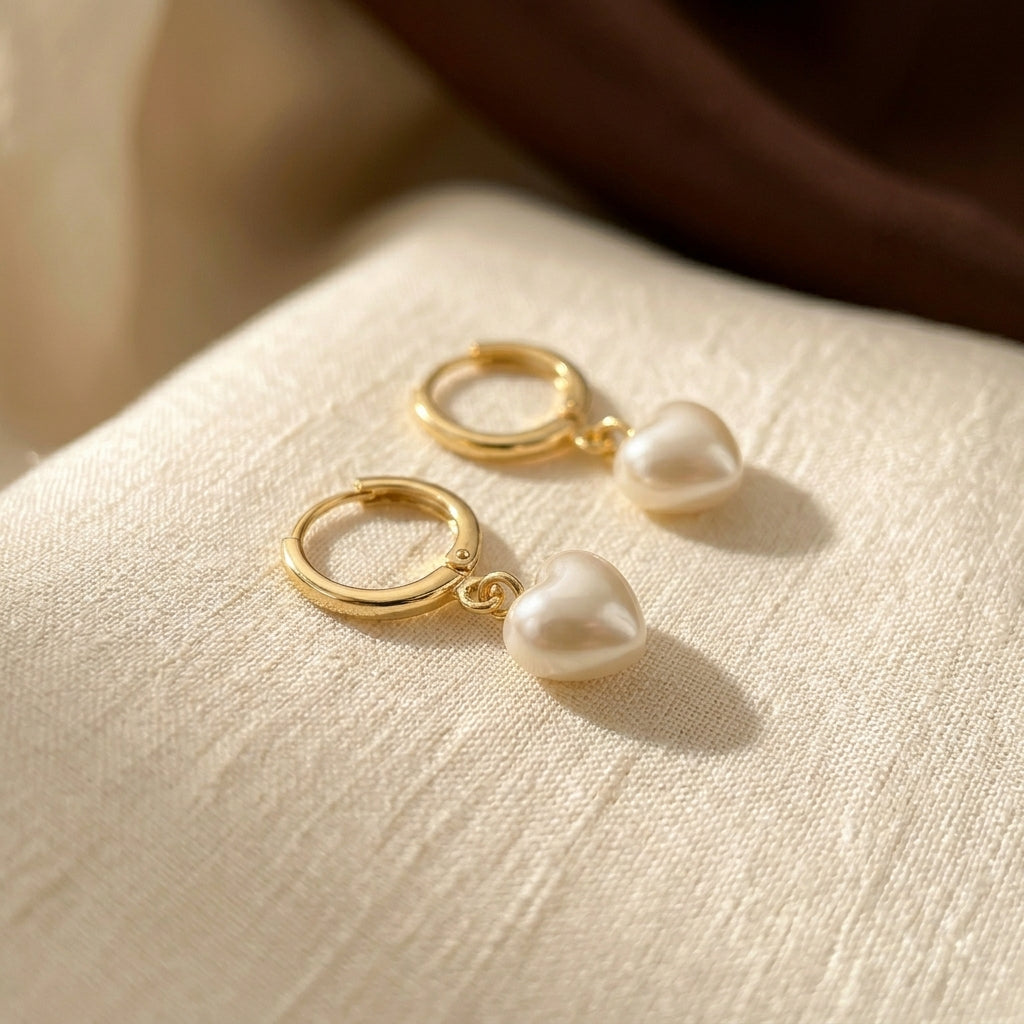 Gold Heart Pearl Drop Earrings - Photo 1