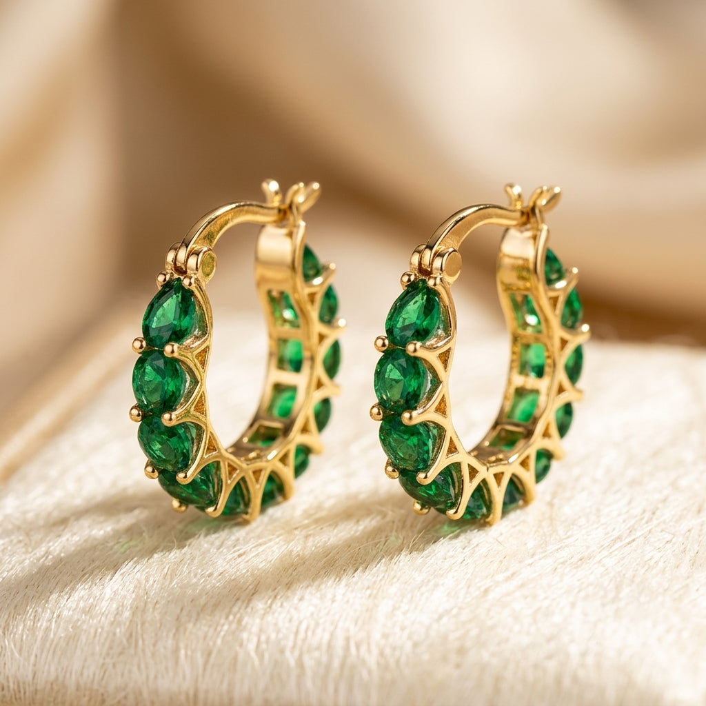 Gold Emerald Lattice Hoop Earrings - Photo 1