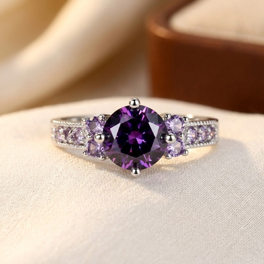 Silver Amethyst Side-Stone Ring - Photo 1
