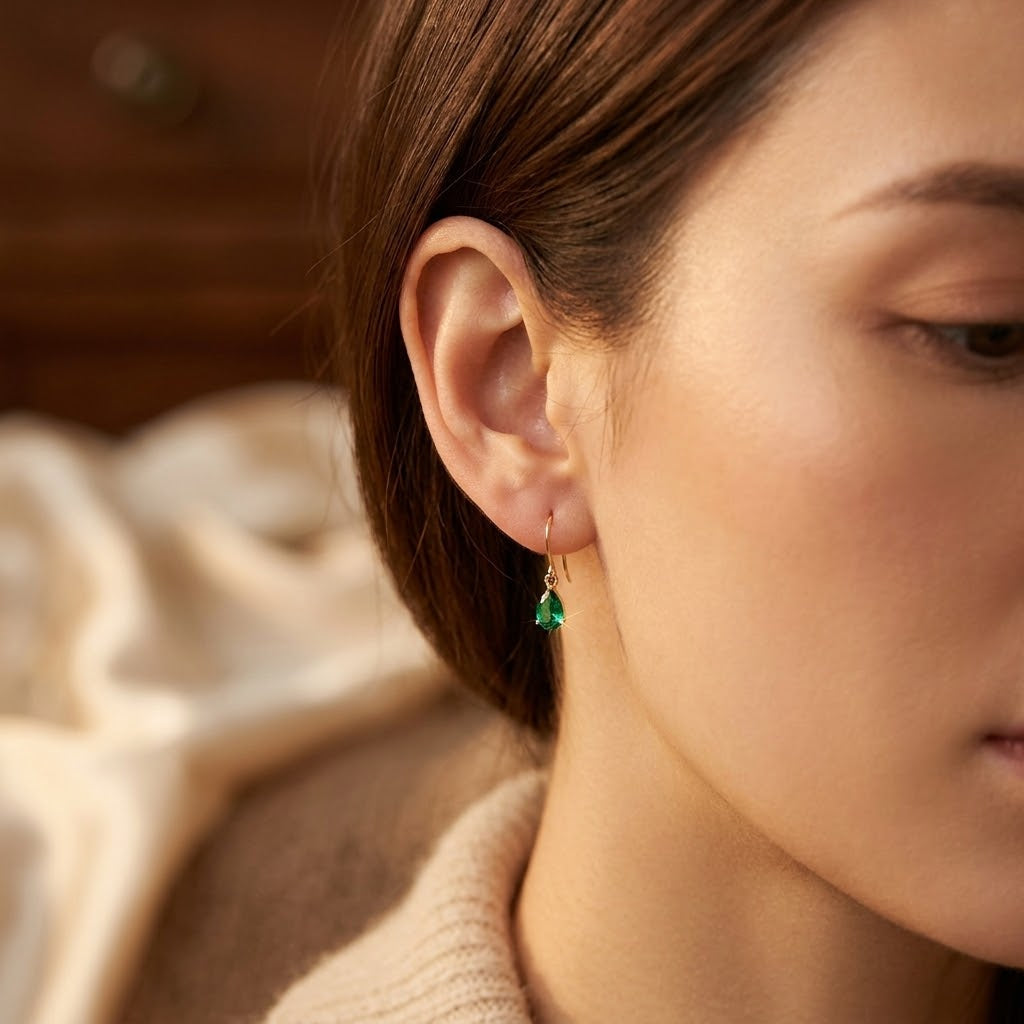 Gold Emerald Teardrop Drop Earrings - Photo 2