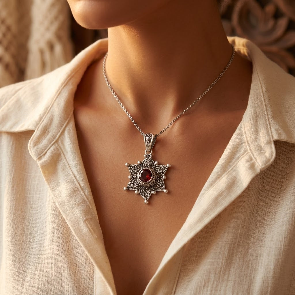 Silver Ruby Star Pendant Necklace - Photo 2