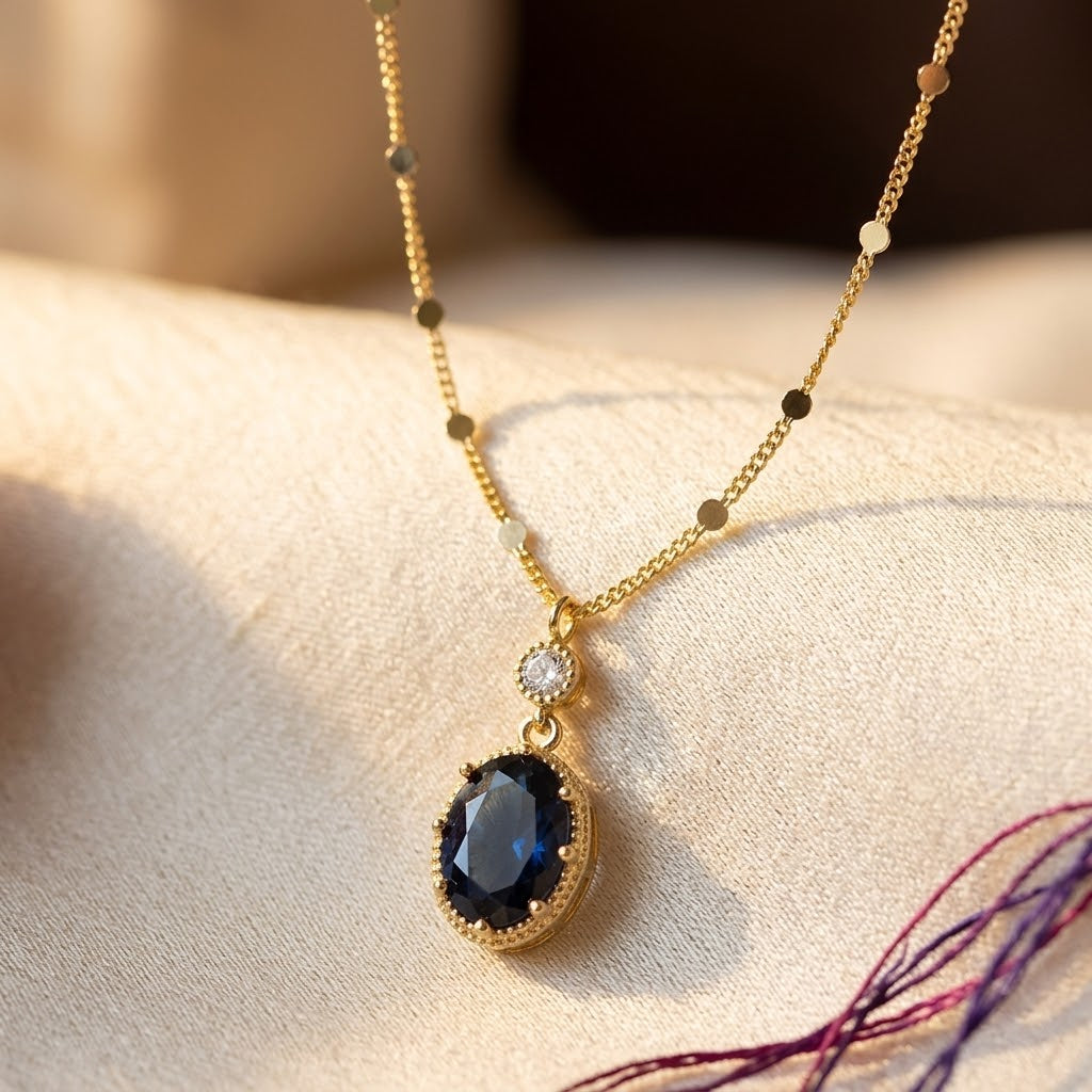 Gold Sapphire Oval Drop Necklace - Photo 1
