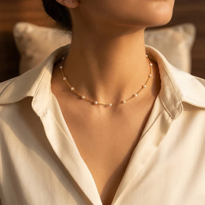 Gold Spaced Pearl Chain Necklace - Photo 1