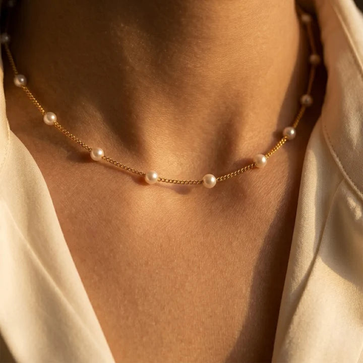 Gold Spaced Pearl Chain Necklace - Photo 2