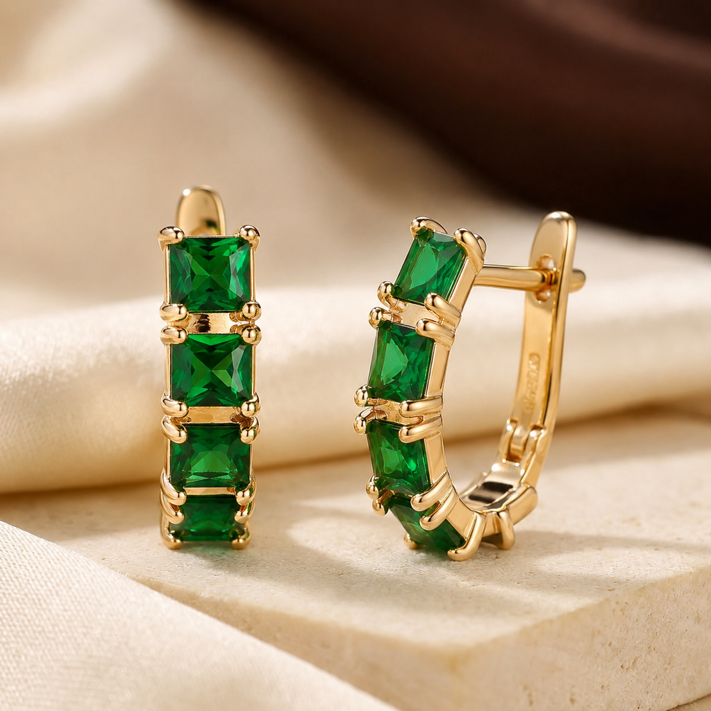 Gold Emerald Chunky Hoop Earrings - Photo 1
