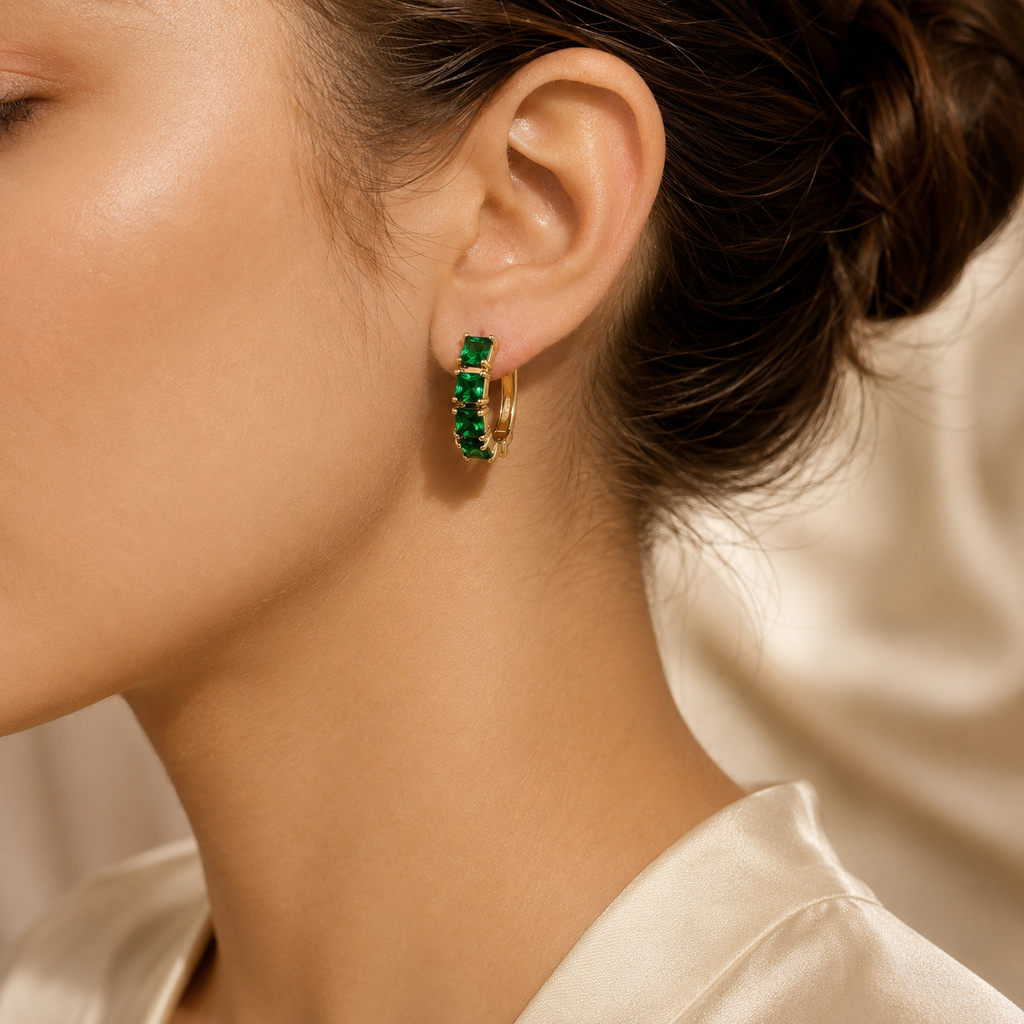 Gold Emerald Chunky Hoop Earrings - Photo 2