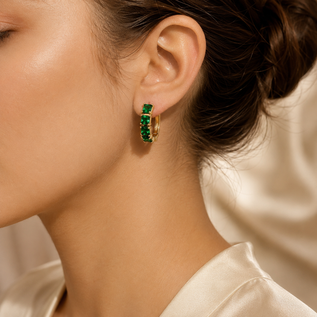 Gold Emerald Chunky Hoop Earrings - Photo 2