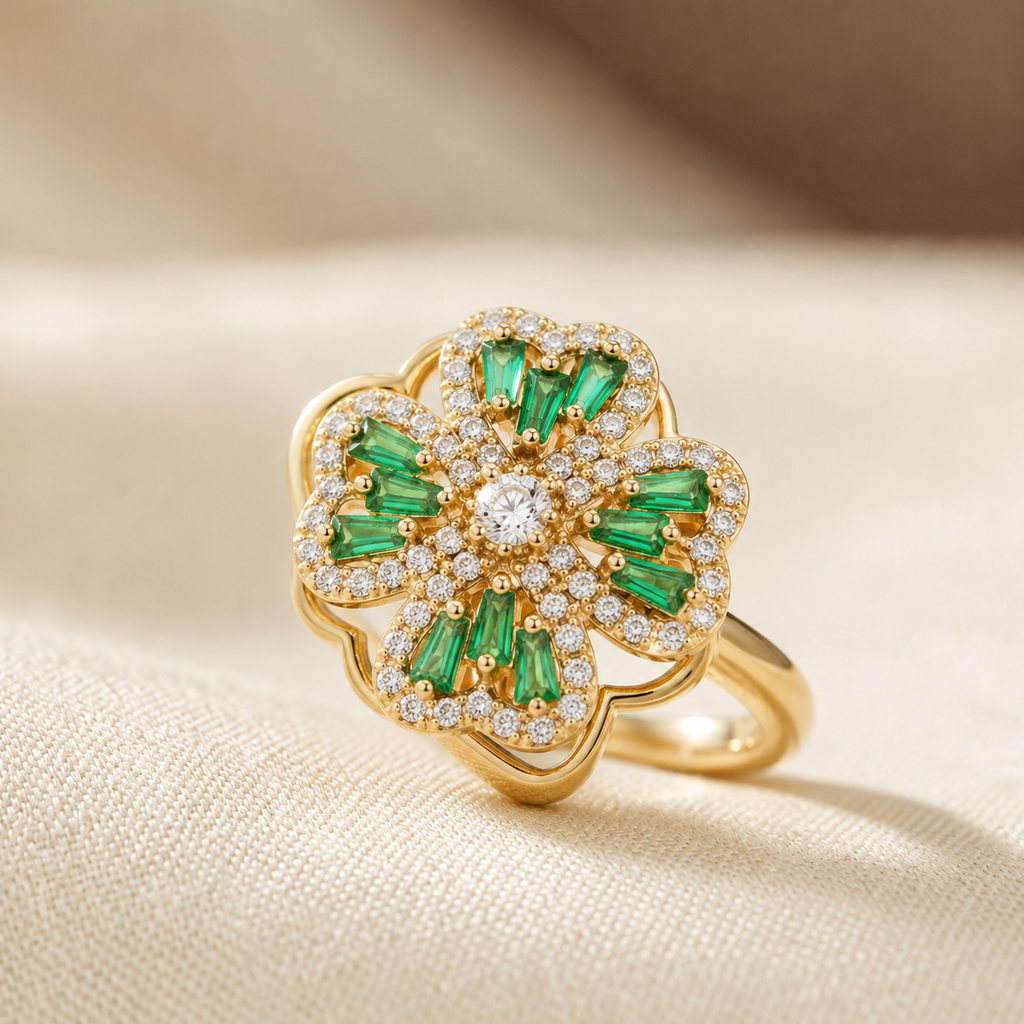 Gold Emerald Floral Ring - Photo 1