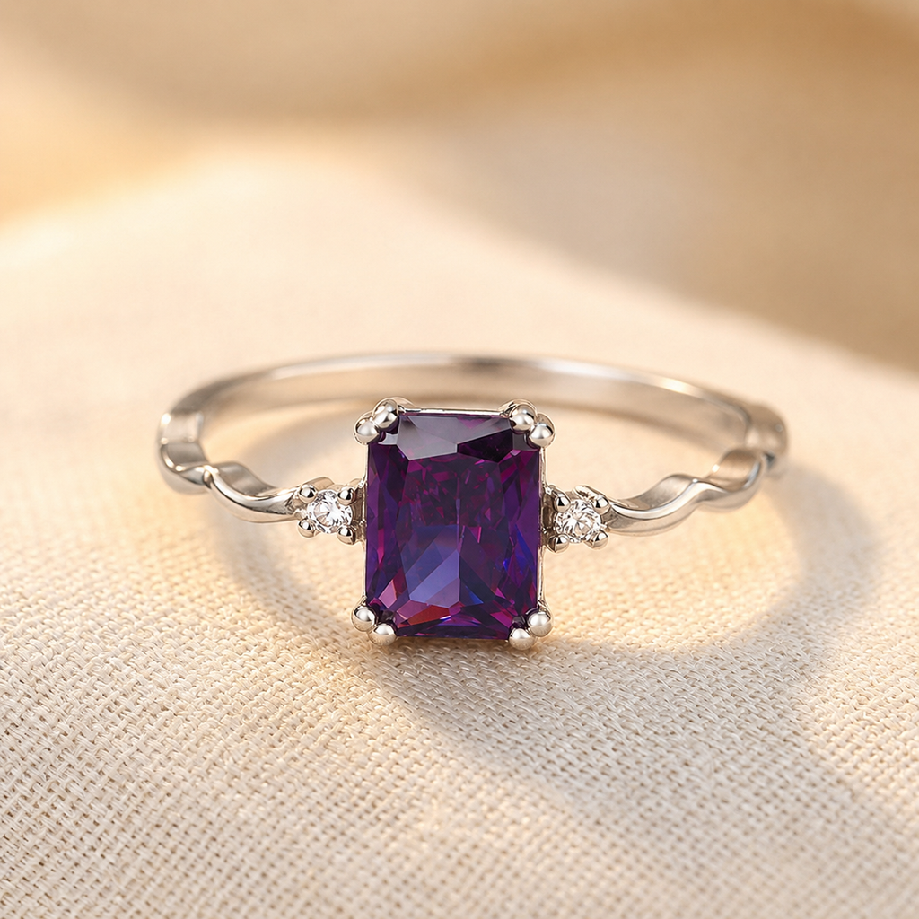 Silver Amethyst Emerald-Cut Ring - Photo 1