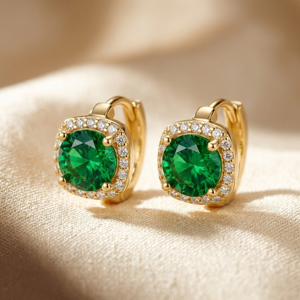 Gold Emerald Halo Hoop Earrings - Photo 1