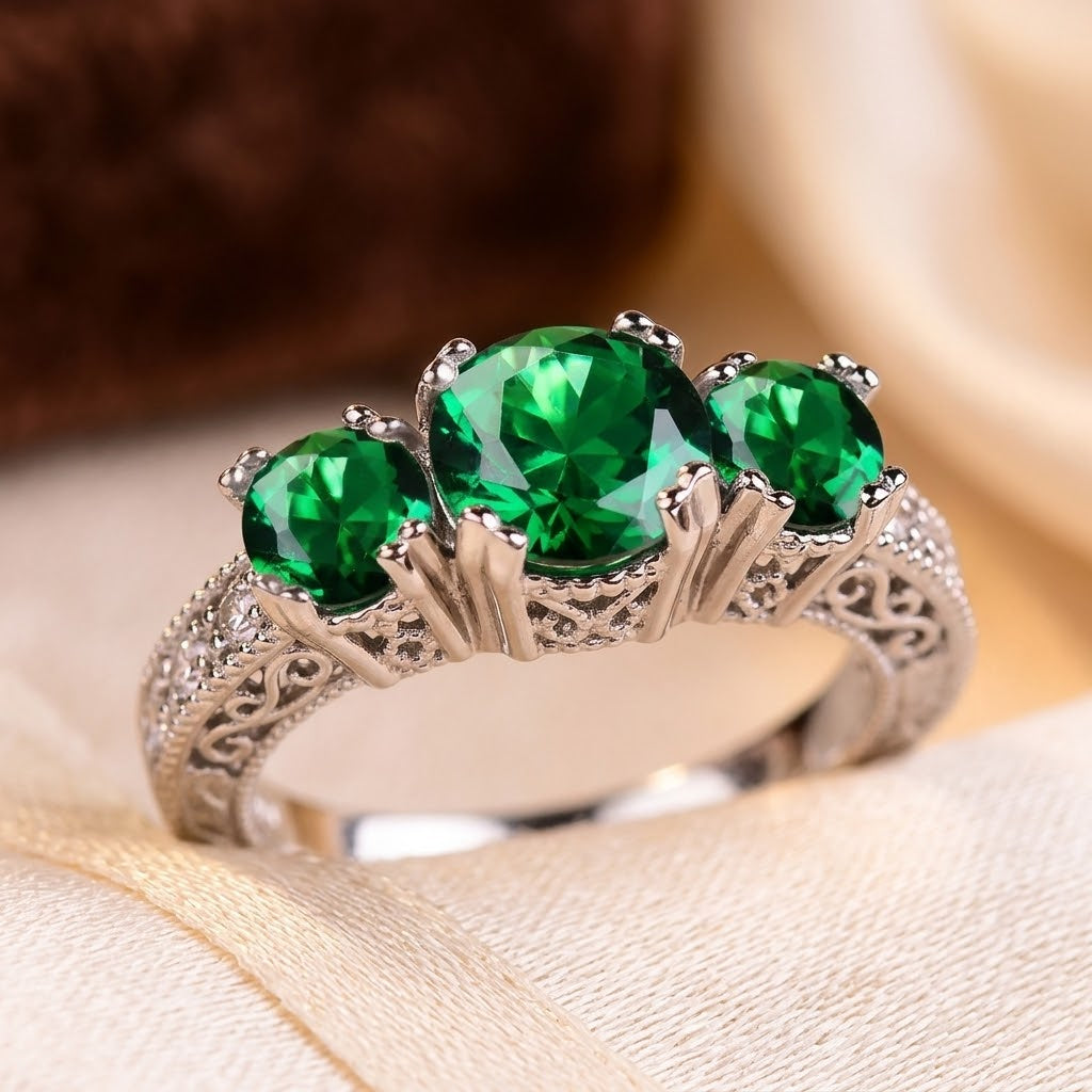 Silver Emerald Three-Stone Ring - Photo 1