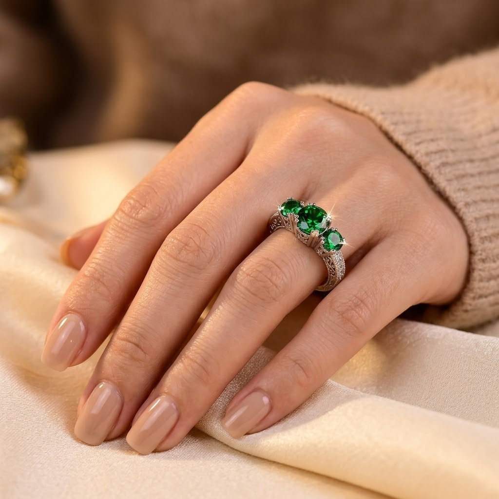 Silver Emerald Three-Stone Ring - Photo 2