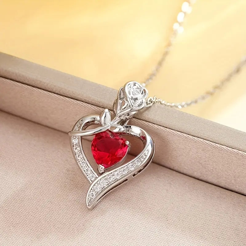 Silver Ruby Heart Pendant Necklace - Photo 1