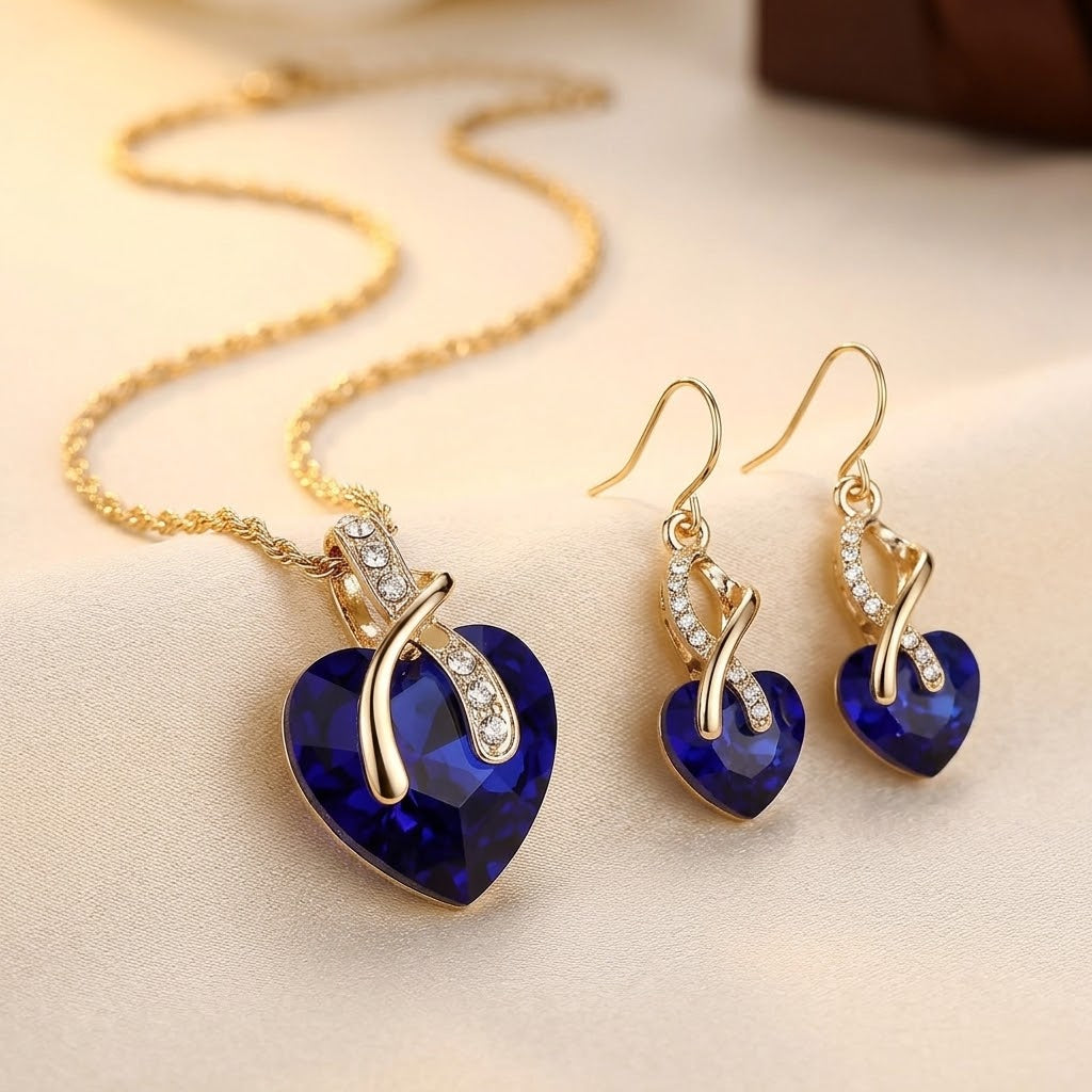 Gold Sapphire Heart Necklace and Earrings Set - Photo 1
