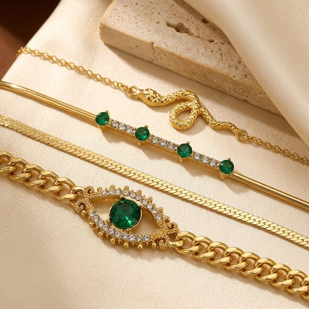 Gold Emerald Charm Bracelet Set - Photo 1