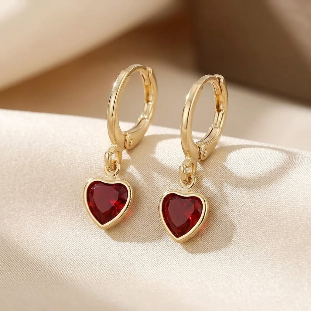 Gold Ruby Heart Drop Earrings - Photo 1