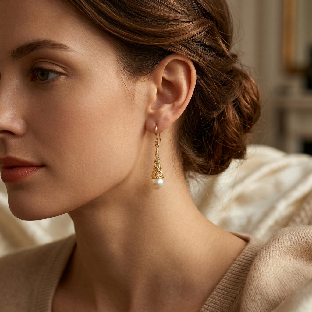 Gold Filigree Pearl Drop Earrings - Photo 2