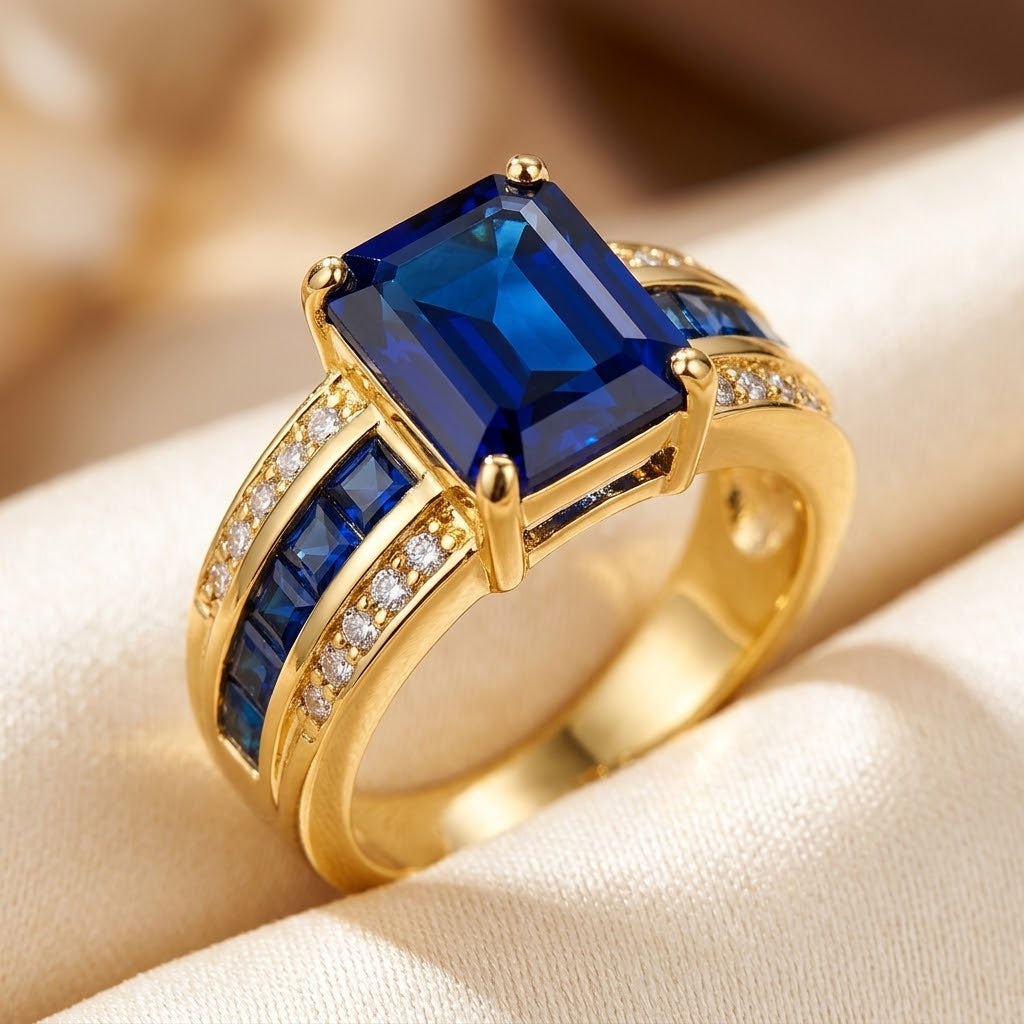 Gold Sapphire Square-Cut Ring - Photo 1