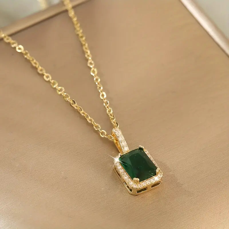 Gold Emerald Rectangular Halo Necklace - Photo 2