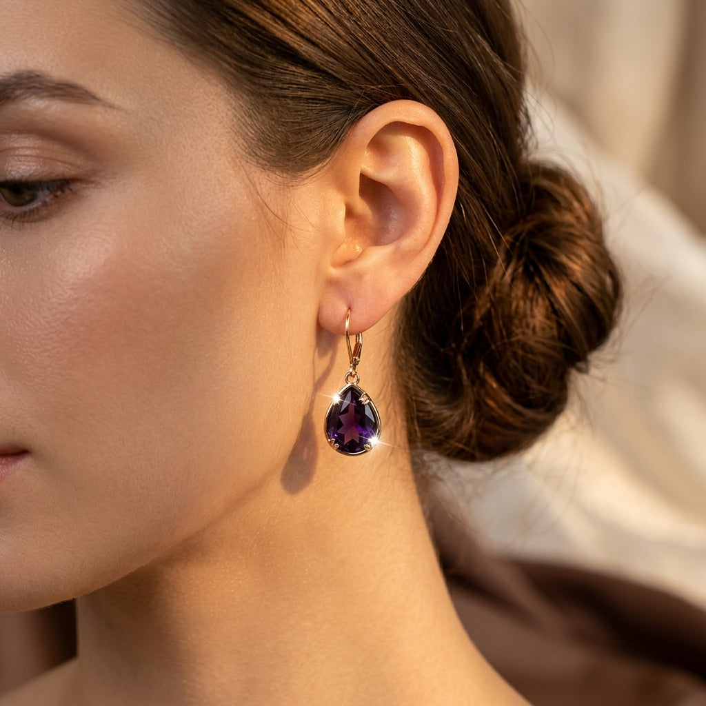 Gold Amethyst Teardrop Earrings - Photo 2