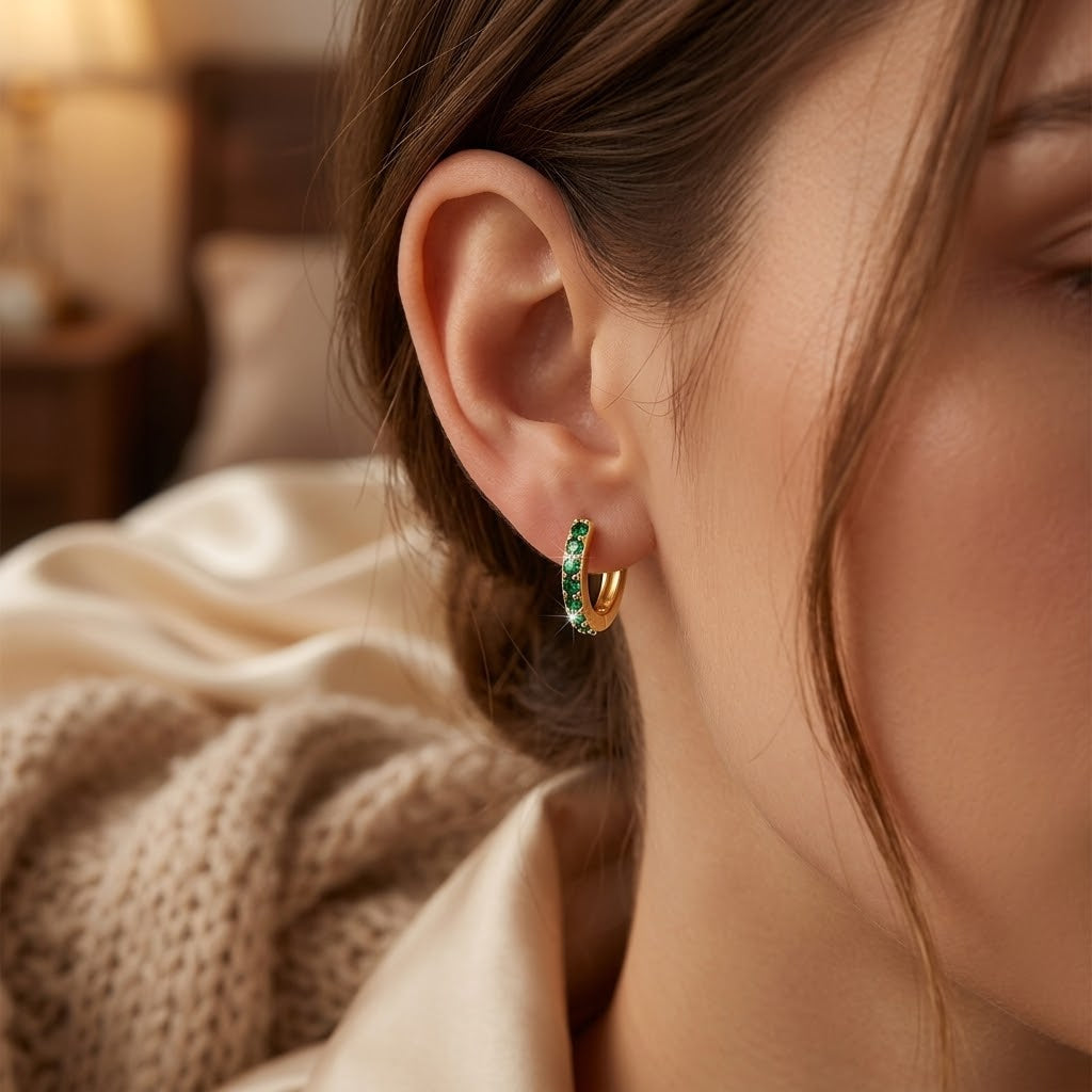 Gold Emerald Hoop Earrings - Photo 2