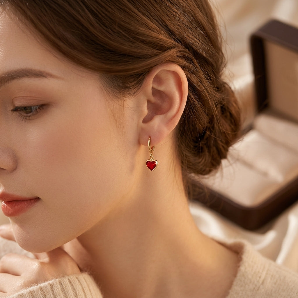 Gold Ruby Heart Drop Earrings - Photo 2