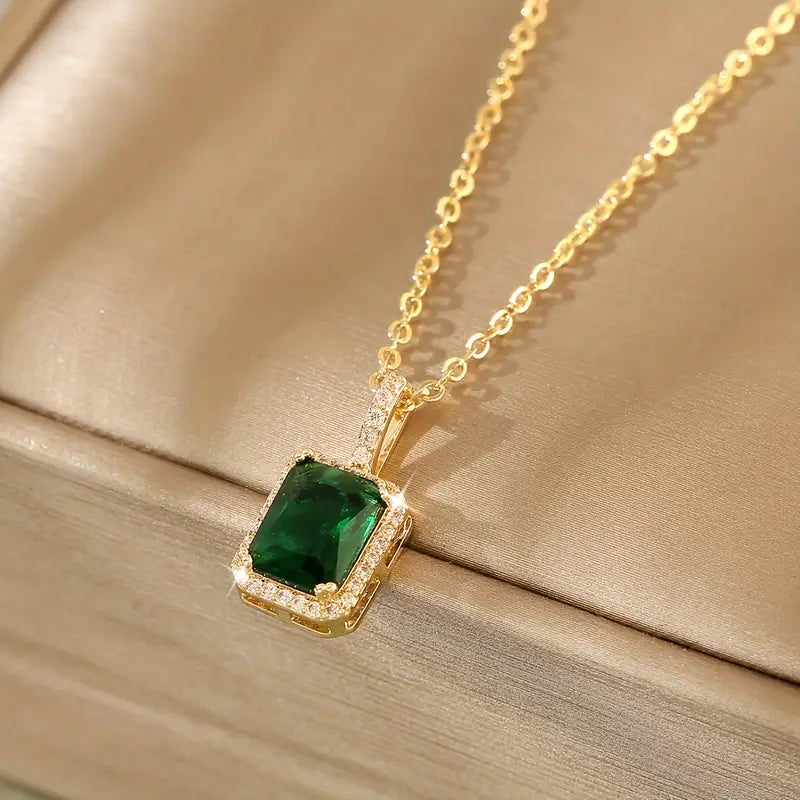 Gold Emerald Rectangular Halo Necklace - Photo 1