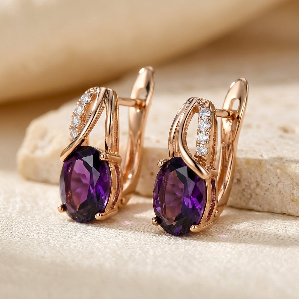 Gold Amethyst Hoop Earrings - Photo 1