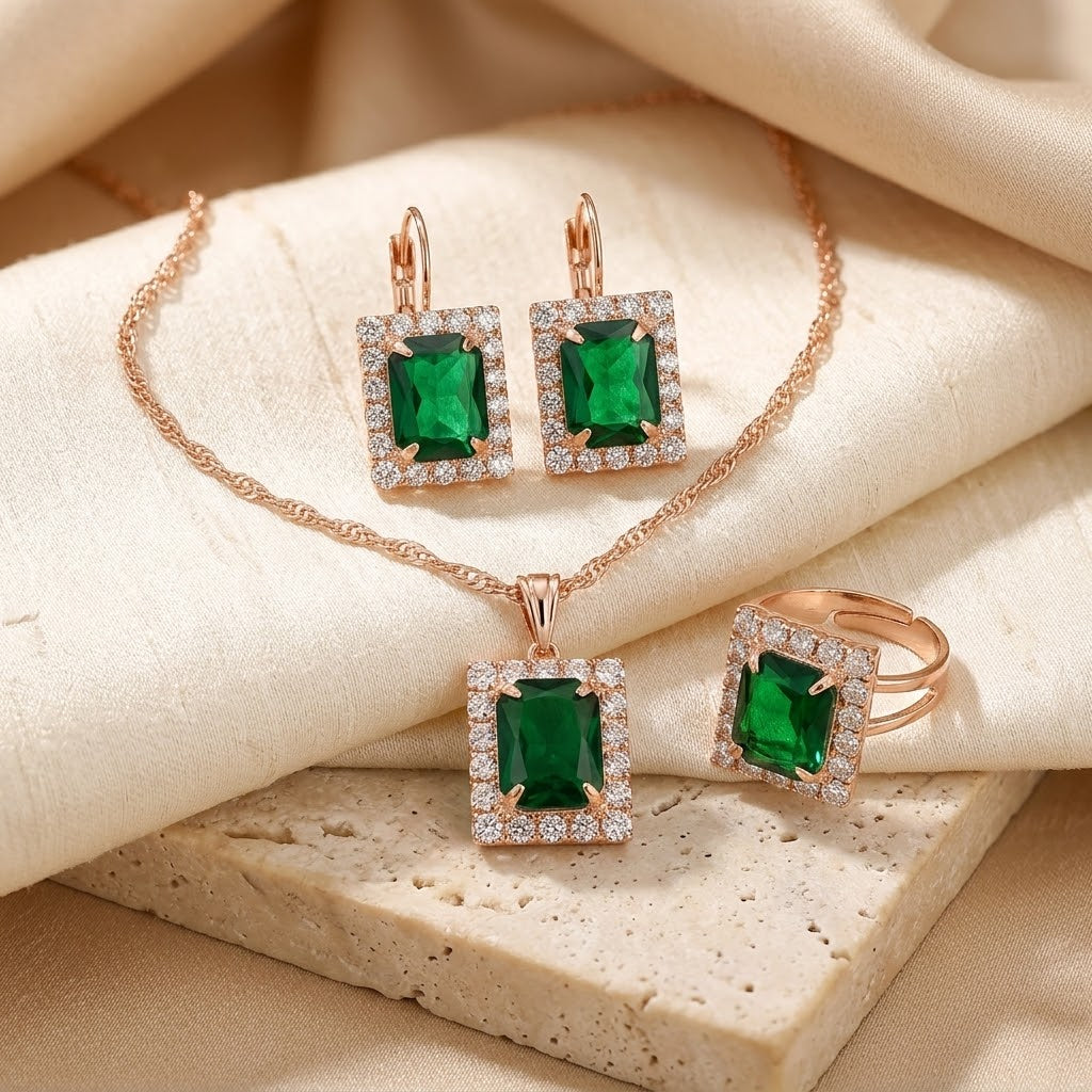 Gold Emerald Rectangular Jewelry Set - Photo 1