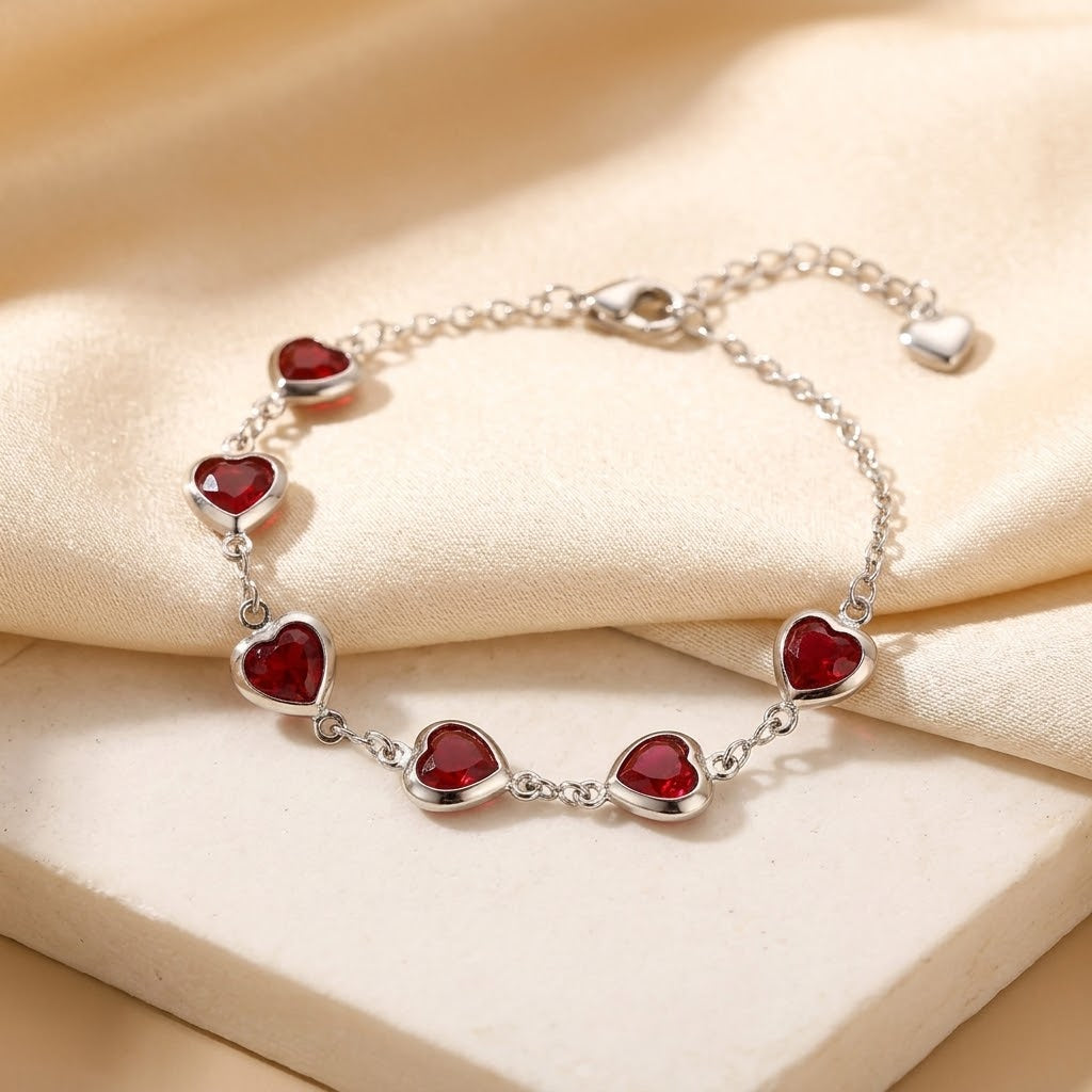 Silver Ruby Heart Chain Bracelet - Photo 1