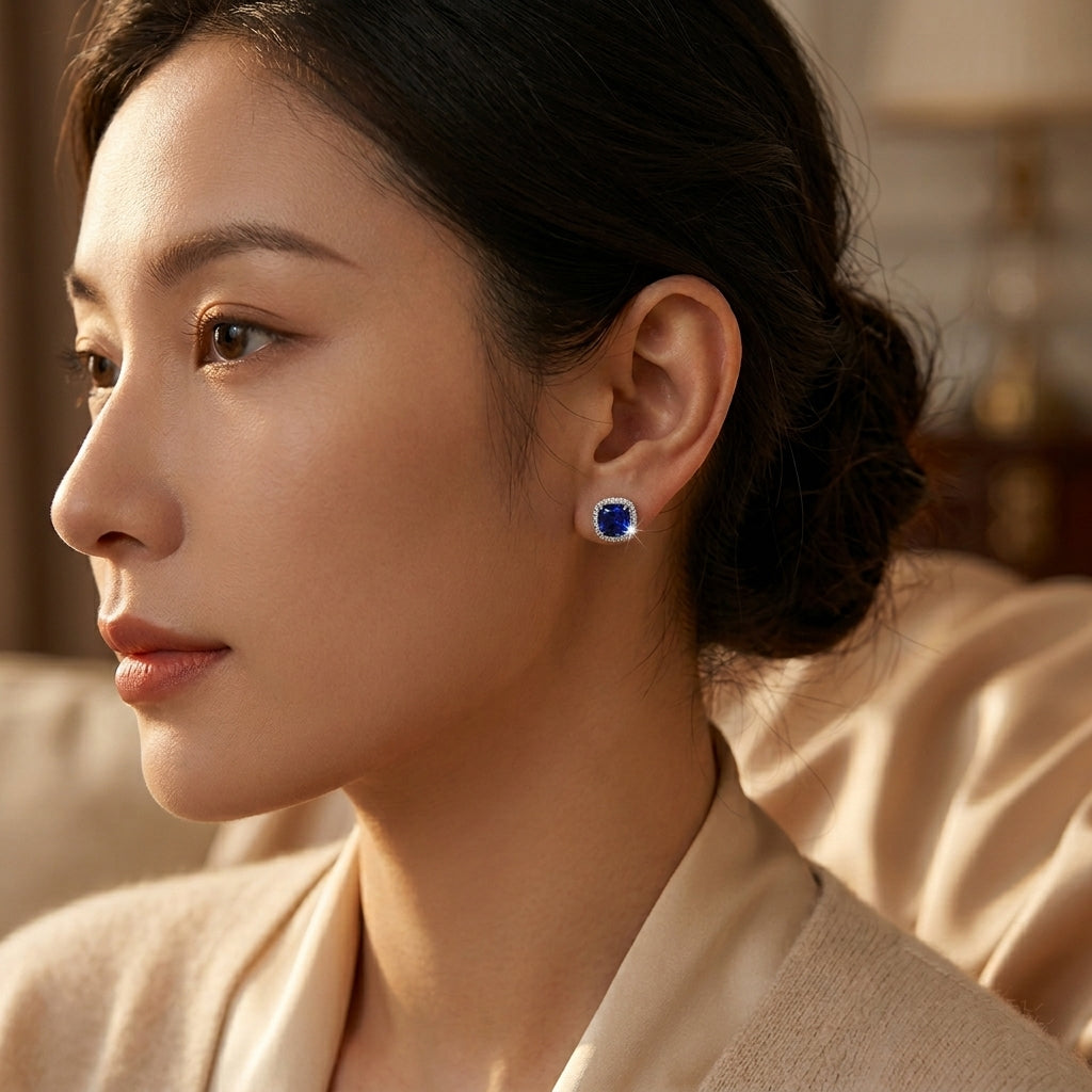Silver Sapphire Halo Stud Earrings - Photo 2