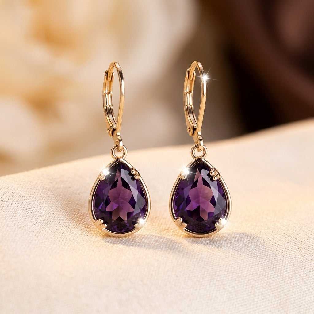 Gold Amethyst Teardrop Earrings - Photo 1