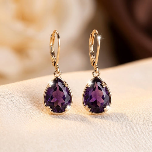 Gold Amethyst Teardrop Earrings - Photo 1