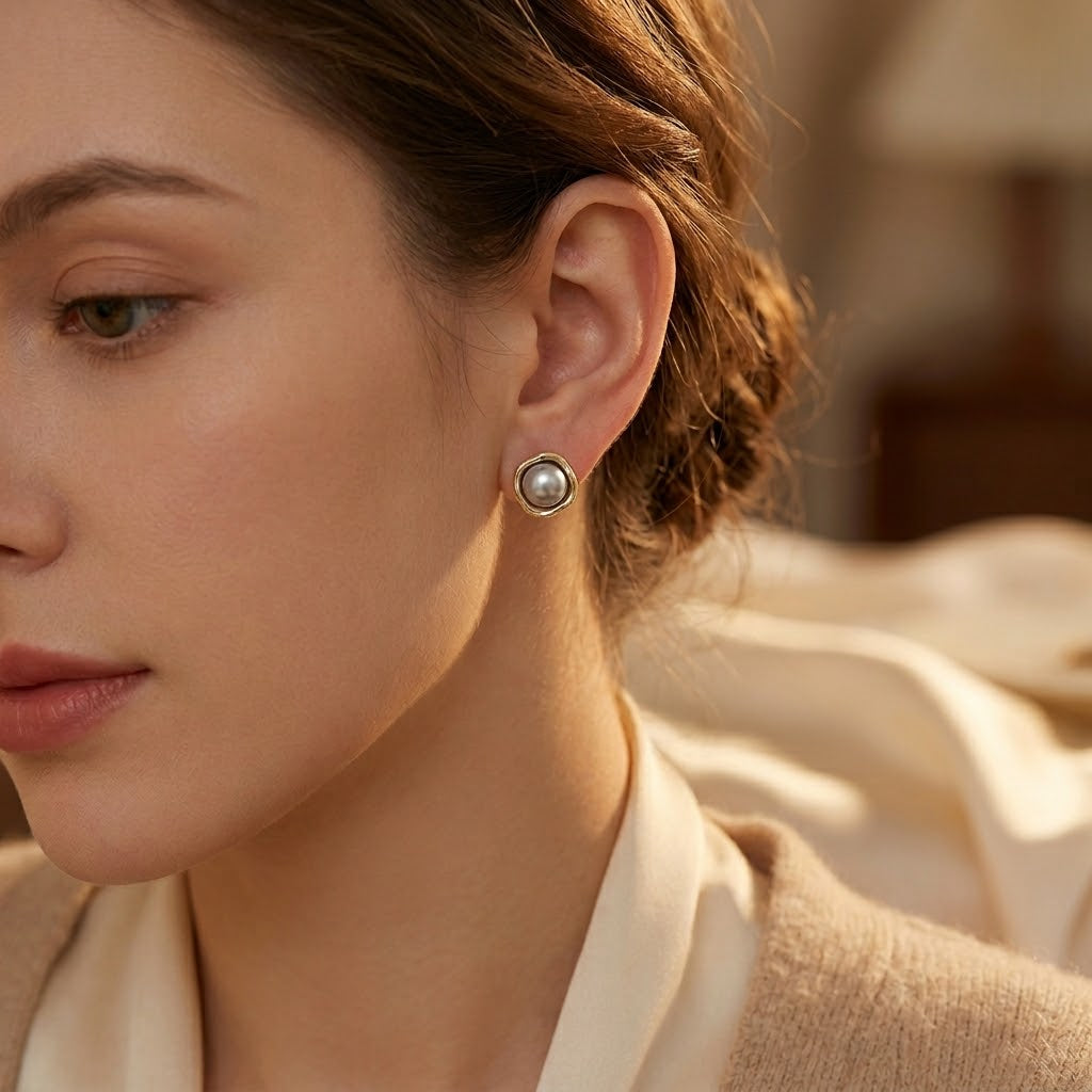 Gold Pearl Stud Earrings - Photo 2
