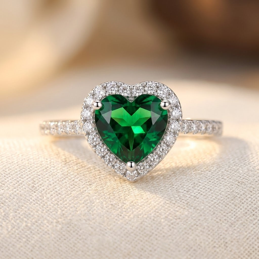 Silver Emerald Heart Halo Ring - Photo 1